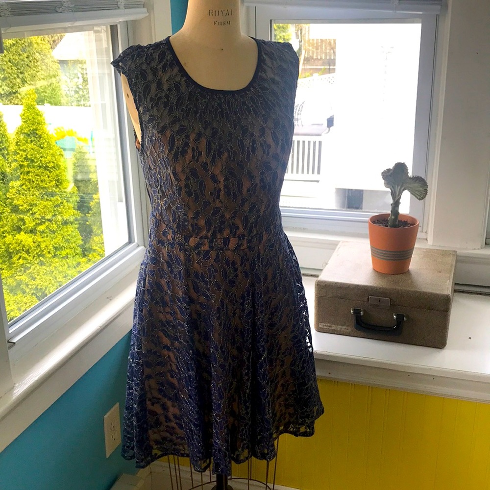 MM Couture Blue & Gold Lace Dress Large